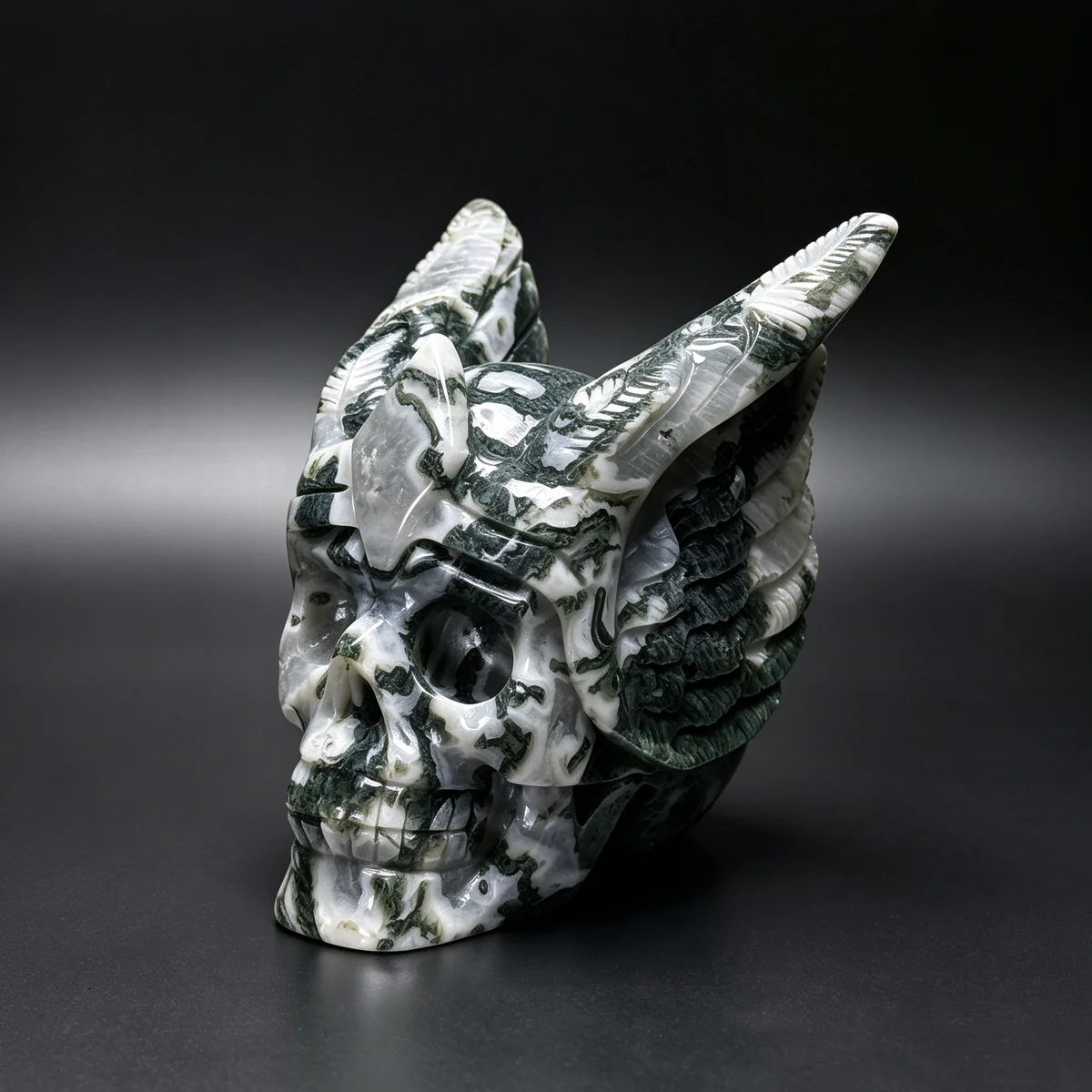 4.30″ Winged Moss Agate Crystal Skull — CS-260016